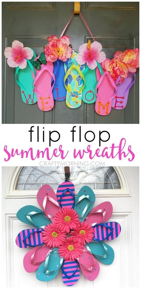 Summer Flip Flop Wreath, Flip Flop Wreaths, Diy Summer Crafts, Diy Crafts For Teens, Cheap Crafts, Birthday Crafts, Dollar Tree Diy Crafts, Summer Wreaths, Diy Dollar Store Crafts