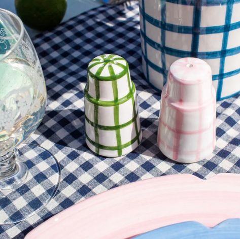 Salt N’ Pepa Salt & Pepper Dispenser in Pink & Forest Green Gingham Salt N Pepa, Charleston Style, Eco Kitchen, Handmade Tableware, Pink Forest, Cerámica Ideas, Southern Spain, Green Gingham, Gingham Pattern