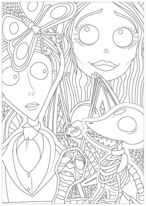 Corpse bride - Victor and Victoria from Tim Burton's Corpse Bride (2005). From the gallery : Halloween. Artist : Axelle. Just Color : Discover all our printable Coloring Pages for Adults, to print or download for free ! Tim Burton Coloring Pages, Corpse Bride Coloring Pages, Print Outs, Halloween Tree, Printable Adult Coloring Pages, Adult Coloring Book Pages, Unicorn Coloring Pages, Closet Door, Cartoon Coloring Pages