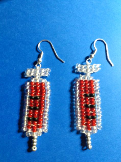 Syringe Earrings, Halloween Beading, Halloween Beads, Seed Beading, Brick Stitch Pattern, Beaded Jewels, Seed Bead Earrings, Brick Stitch, Bead Earrings