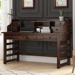 Writing Desk With Hutch, Cottage Core Desk, Decorative Trinkets, Art Desks, Dark Wood Desk, Office Things, Apartment Wishlist, Wood Secretary Desk, Desk Idea