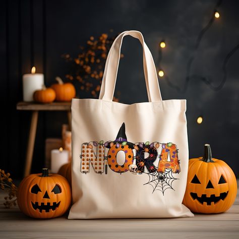 Custom Halloween Canvas Tote Bag | Personalized Trick-Or-Treat Bag | School Halloween Kids Gift | Toddler Goodie Food Basket Bag Monogrammed Diy Trick Or Treat Bags Cricut, Homemade Trick Or Treat Bags, Paper Bag Halloween Treat Bags, Halloween Bags For Kids Trick Or Treat, Halloween Bags Diy, Personalized Halloween Bags, Cute Halloween Treats, Treat Basket, Personalized Bags