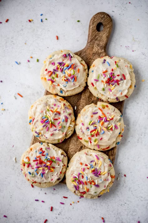 Incredible, soft grain free birthday cake cookies made with a mix of coconut and almond flour and topped with a luscious vanilla buttercream. These easy, healthy birthday cake cookies are gluten free and low carb but are full of that delicious birthday cake flavor you know and love. #cookies #birthday #birthdaycake #glutenfree #grainfree #glutenfreedessert #dairyfree #healthydessert Healthy Birthday Treats, Ambitious Kitchen Recipes, Healthy Birthday Cake, Gluten Free Birthday Cake, Birthday Cake Cookies, Healthy Birthday Cakes, Dairy Free Frosting, Healthy Birthday, Vegan Birthday Cake