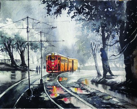 Buddha Painting Canvas, City Life Photography, Drawing Scenery, Watercolor Scenery, Butterfly Art Painting, Rain Painting, Canvas Art Projects, Scenery Paintings, Landscape Art Painting