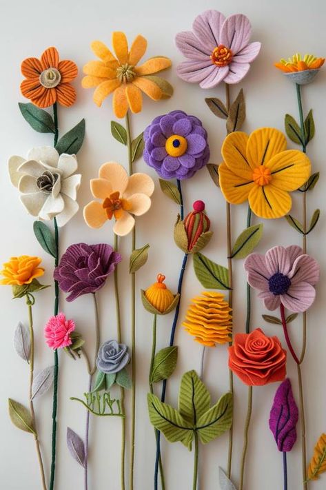 37 Creative Felt Craft Ideas for Fun DIY Art Projects at Home Felt Flower Wall Art, Felt Flower Wall, Felt Embroidery Flowers, Felt Crafts To Sell Ideas, Small Felted Projects, Diy Felt Flower Garland, Large Felt Flowers Diy, Crafting With Felt, Spring Crafts For Adults Diy Home