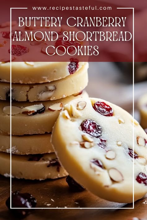 These delightful Buttery Cranberry Almond Shortbread Cookies are rich, tender, and bursting with flavors of almond and tart cranberries. Perfect for holiday gatherings or as a sweet treat any time of year, they offer a satisfying crunch from toasted almonds and a melt-in-your-mouth texture that everyone will love. Cranberry Shortbread Cookies, Almond Shortbread, Shortbread Cookies Christmas, Almond Shortbread Cookies, Almond Meal Cookies, Cranberry Almond, Cranberry Cookies, Baked Cookies, Shortbread Recipes