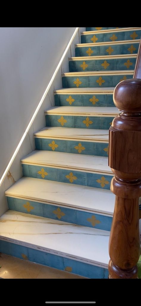 Staircase, Indian house stairs, Staircase raising, Athangudi tiles, Handmade tiles Steps Tiles, Athangudi Tiles, Chettinad House, Tiles Handmade, Indian House, Kerala Houses, House Stairs, Handmade Tiles, Staircase Design