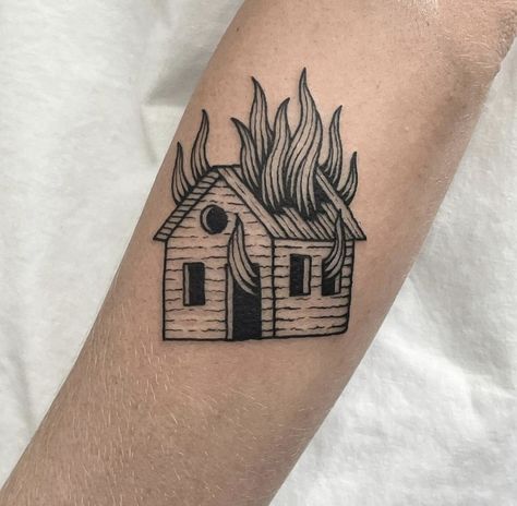 House Burning Tattoo, American Traditional House Tattoo, Burning House Illustration, Traditional Cocktail Tattoo, House Fire Tattoo, Small Tattoos Arm Sleeve, Burning Building Tattoo, Simple House Tattoo, House On Fire Tattoo