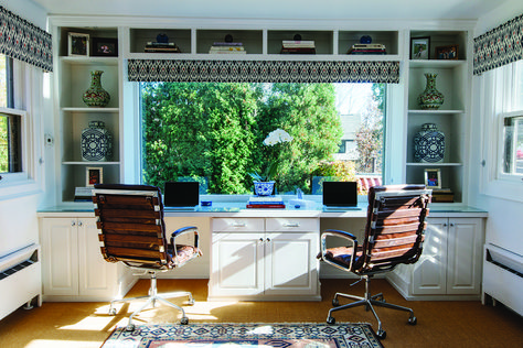 Built in double desk around picture window Office Window Desk, Home Office Two Desks Layout Window, Double Desk Office Built Ins, Desk In Front Of Large Window, Long Desk In Front Of Window, Home Double Office Ideas, Double Desk Home Office Window, Built In Desk With Window, Long Desk Under Window