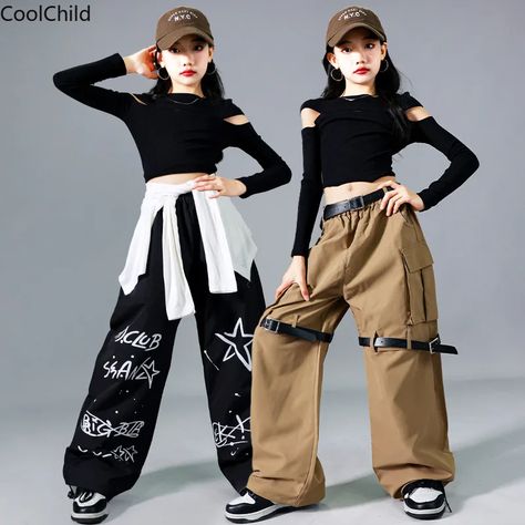 K-pop Girls Crop Top Fashion Belt Cargo Pants Clothes Set Children Hip Hop Dance Joggers Kids Girl Group Costume, Girls Crop Tops, Pop Top, K Pop Girls, Clothes Set, Hip Hop Dance, Pants Outfit, Cargo Pants, Kpop Girls