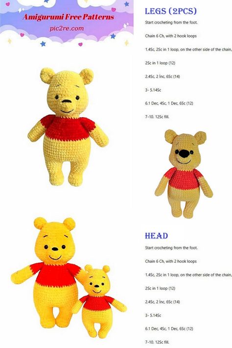 Winnie The Pooh Bear Amigurumi Pattern – Amigurumi Patterns Bear Amigurumi Pattern, Bear Amigurumi, Amigurumi Bear, Cat Amigurumi, Crochet Butterfly, Vintage Knitting Patterns, Bear Ears, Pooh Bear, Bear Pattern