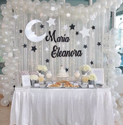 Elegant White Baptism Party Dessert Table on Kara's Party Ideas | KarasPartyIdeas.com (14) Star Baby Shower Theme, Girl Shower Themes, Christening Decorations, Twinkle Twinkle Baby Shower, Moon Baby Shower, Party Dessert Table, Dessert Party, White Moon