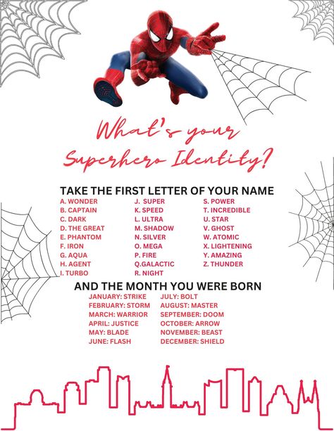 This is an instant download Canva template.  It is an 8 x 11 and would make The perfect addition to any spiderman party or superhero party! Spiderman Party Games, Spiderman Birthday Party Games, Diy Spiderman Birthday Party, Superhero 3rd Birthday, Spiderman Birthday Ideas, Spiderman Party Ideas, Leavers Party, Superhero Birthday Party Ideas, Superhero Party Games