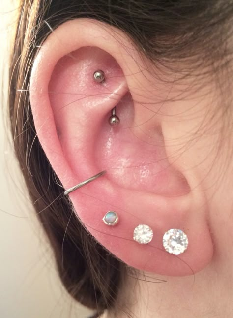 Conch Piercing With 3 Lobes, Orbital Piercing Conch, Orbital Conch Piercing, Daith And Conch Piercing, Third Lobe Piercing And Conch, Ear Piercings Orbital Conch, Conch And Auricle Piercing, Conch Piercing Ideas, Pretty Earrings Studs