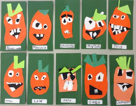 I'm in love with these sweet pumpkins... K's and 1st grade have been making them this week and I can't get over the new skills of these... Pumpkin Craft Kindergarten, Pumpkin Crafts Preschool, Pumpkins Kindergarten, Halloween Pumpkin Crafts, Halloween Kindergarten, Pumpkin Craft, Halloween Crafts For Toddlers, Pretty Pumpkins, Halloween Preschool