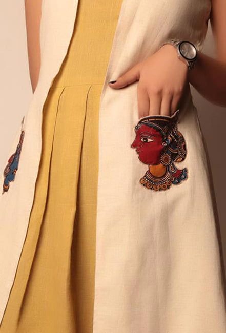 Kurti With Pockets Style, Patch Work Dress Designs, Patch Work Tops, Pocket Kurti Design, How To Wear Blazer, Patch Work Top, Blazer Ideas, Kalamkari Dresses, Long Kurti Designs