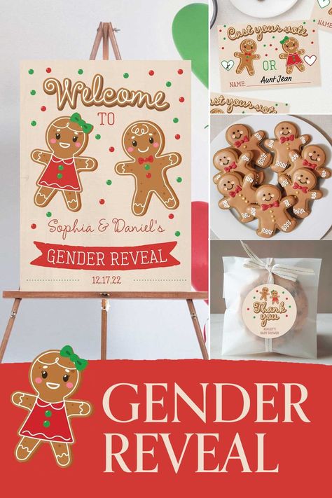 Looking for a gender reveal theme for the Christmas season? Put on your baking apron and start planning your gingerbread gender reveal party! Everyone will be so excited to celebrate your girl or boy reveal! We have festive invitations, signs, voting cards, games, raffles, party favor ideas, decorations, cookies and powder cannons! Gender Reveal Gingerbread Ideas, Gender Reveal January Party Ideas, Gender Reveal Gingerbread Cookies, Unique Gender Reveal Ideas Christmas, Gender Reveal Ideas Gingerbread, Unique Gender Reveal Themes Winter, Gender Reveal Party Christmas Theme, Gingerbread Man Gender Reveal, Gender Reveal Ideas For Christmas Time