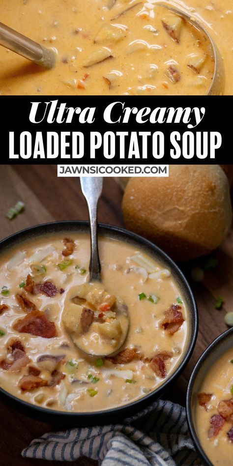 Red Potato Soup Recipes, Cheddar Bacon Potato Soup, Creamy Potato Bacon Soup, Loaded Potato Soup Recipe, Potato Cheddar Soup, Creamy Potato Soup Recipe, Bacon Soup Recipes, Smoked Potatoes, Potato Bacon Soup