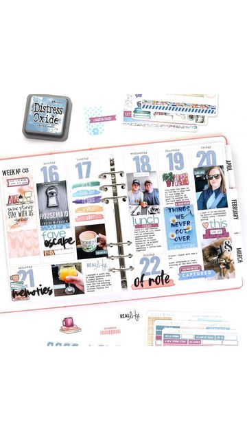 Marsha on Instagram: "Here’s a new layout for Memory Planner Monday in my Daisy Planner using the @cocoa_daisy Bookish collection! I added a few interactive elements to include extra photos and journaling this week.🤍 . . . #cocoadaisy #cocoadaisykits #cocoa_daisy #cocoadaisycommunity #craftreel #craftreels #diyreels #plannerreels" Memory Planner, Cocoa Daisy, March 2023, Distress Oxides, Junk Journaling, Bullet Journals, Scrapbook Inspiration, Get Over It, Cocoa