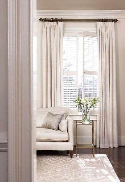 Curtains Over Shutters Living Rooms, Shutter Blinds And Curtains, Windows With Shutters And Curtains, Small Window Shutters Indoor, Drapes With Shutters, California Shutters With Curtains, Shutter And Curtain Combination, Curtains With Shutters Bedroom, Curtains With Shutters Living Room