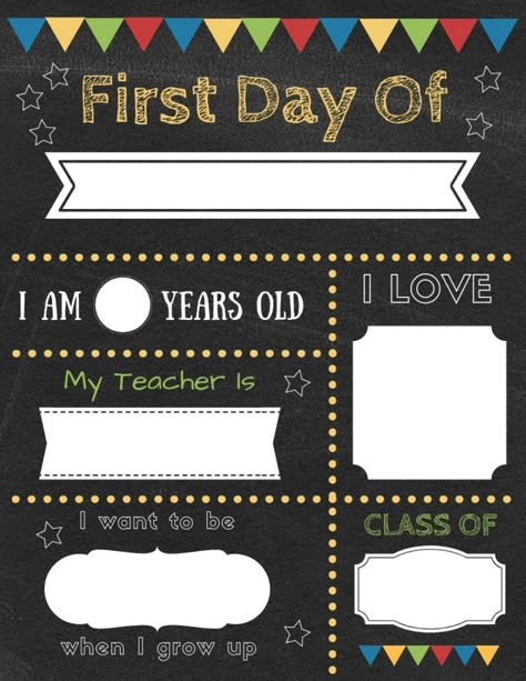 Free printable EDITABLE first day of school sign - colorful and chalkboard version too. Free template to easily edit on your own. #backtoschool First Day School Sign, Chalkboard School Signs, First Day Of School Pictures, First Day Of School Sign, School Template, First Day School, School Chalkboard, Kindergarten Lesson Plans, School Printables