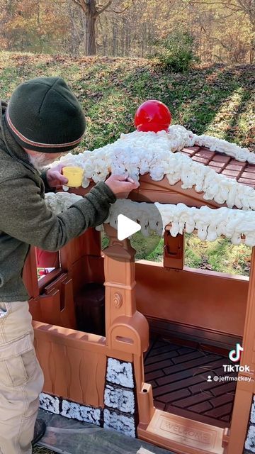 Jeff MacKay on Instagram: "DIY Gingerbread House (this house is for sale - message CaptainJeffMacKay@gmail.com if interested - located in OH) #diy #gingerbread #gingerbreadhouse #artsandcrafts #diy #playhouse #playhousemakeover #kidsplayhousemakeover #christmas #christmasdecor" Christmas Diy Classroom Decorations, Life Size Gingerbread House Ideas, Play House Gingerbread House, Graham Cracker Gingerbread House Design, Gingerbread House Playhouse Diy, Diy Gingerbread Playhouse, Whimsical Gingerbread House, Diy Playhouse Gingerbread House, Outside Gingerbread House Ideas