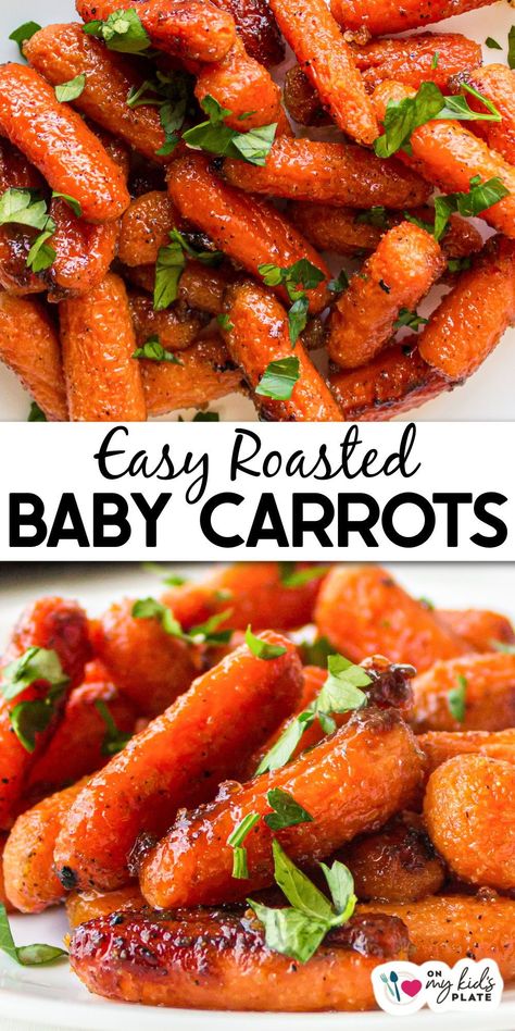 These tender easy roasted baby carrots are the perfect vegetable side dish. Delicious carrots are perfect for an easy weeknight side dish, but can also hold their own as a holiday side dish next to Thanksgiving turkey, christmas dinner, or an Easter ham. Sides For Ham Dinner Christmas, Baby Carrots Side Dish, Carrots With Honey, Kid Friendly Side Dishes, Family Meals Kid Friendly, Turkey Christmas, Carrot Dishes, Baby Carrot Recipes, Roasted Baby Carrots