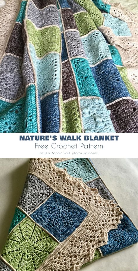 Spring Walk Blanket Free Crochet Pattern Natures Walk Blanket, Crochet Blanket Spring, Crochet Block Patterns Free, Nature's Walk Crochet Blanket, Crochet Year Projects, Natures Walk Crochet Blanket, Crochet Blocks Free Pattern Squares, Crochet Squares Blanket, Granny Crochet Blanket