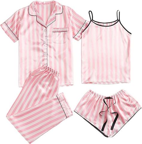 WDIRARA Women's Silk Satin Pajama Set 4 Pieces Sleepwear Loungewear Pj Sets #mamaladner #amazonassociate #amazonprime #2022giftguide #christmasgifts #christmasdecor #giftideas #christmastime #christmasshopping #santa Preppy Pajamas, Feminine Christmas, Teenage Girls Outfits, Sleeping Clothes, Birthday Sleepover Ideas, Silk Pajamas Set, Brazil Fashion, Bb Style, Satin Pjs