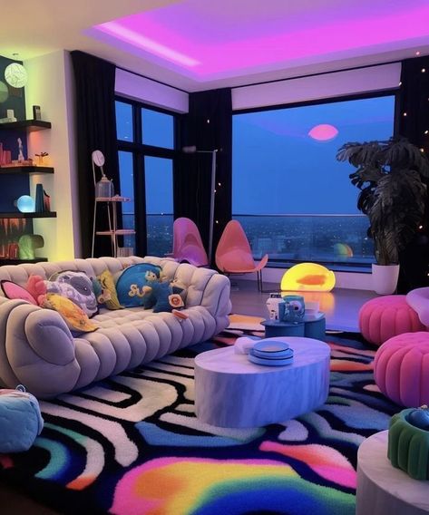 Neon Cottagecore Aesthetic, Funky Home Interior, Funky Living Room Aesthetic, Alternative House Ideas, Maximalist Art Studio, Trippy Living Room, Funky Room Aesthetic, Cyberpunk Living Room, Funky Living Room Ideas