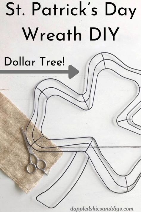 St Patricks Day Wreath Simple, Cross Wire Wreath Diy, Shamrock Wreath Dollar Tree, Wire Form Wreath Ideas, St Patrick's Day Wreath Diy, Dollar Tree Wreath Forms, Shamrock Wreath Diy, Dollar Tree St Patricks Day Diy, Neutral St Patricks Day Decor