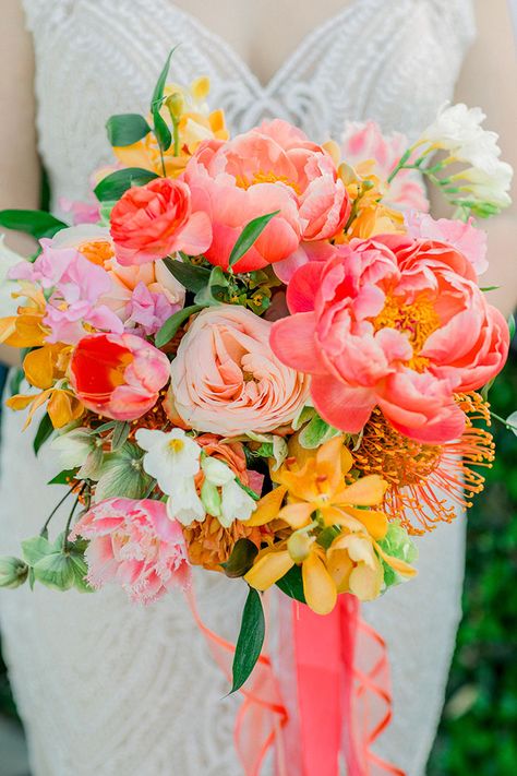 The Perfect POP of Color with Balloons and a Popsicle Cart » Hey Wedding Lady Pink Orange And Yellow Bouquet, Coral Pink And Yellow Wedding, Coral Pink Bouquet, Yellow And Coral Wedding, Pink And Yellow Bridal Bouquet, Yellow And Pink Wedding Flowers, Cascading Wedding Bouquets Summer, Orange And Pink Bouquet, Formal Bouquet