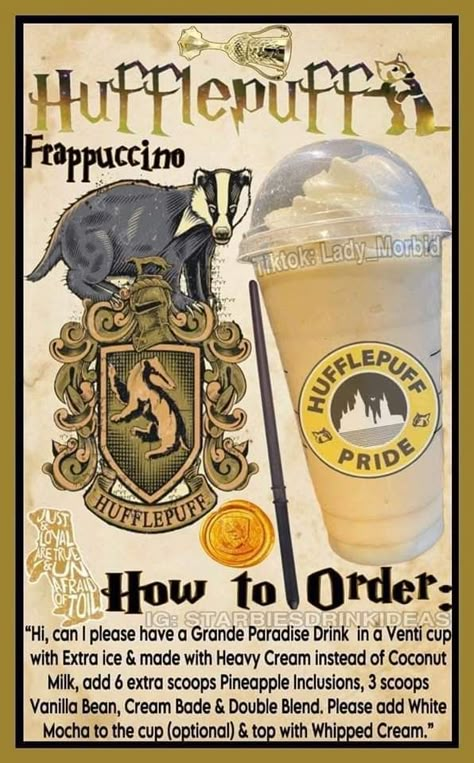 Themed Starbucks Drinks, Harry Potter Themed Drinks, Starbucks Halloween Drinks, Memes Harry Potter, Harry Potter Drinks, Copycat Starbucks Drinks, Starbucks Drink Menu, Starbucks Secret Menu Recipes, Cold Starbucks Drinks