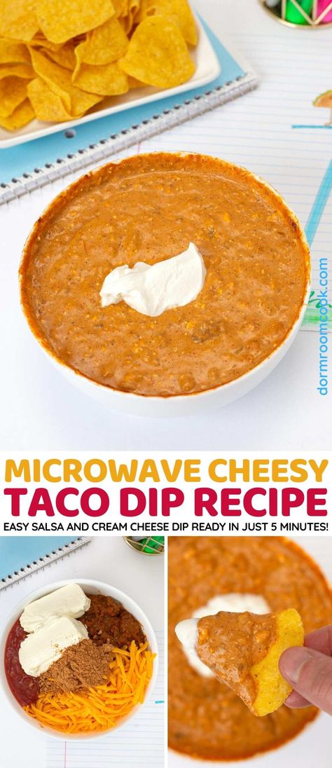 Microwave Cheesy Taco Dip is everything delicious about a taco turned into creamy, shareable party food. Break out the chips! Cheese Dip For Tortilla Chips, Microwave Tortilla Chips, Microwave Pizza Dip, Microwave Queso, Cheesy Taco Dip, Chili Cheese Dip With Refried Beans, College Dinner, Taco Dip Easy, Chip Dip Recipes