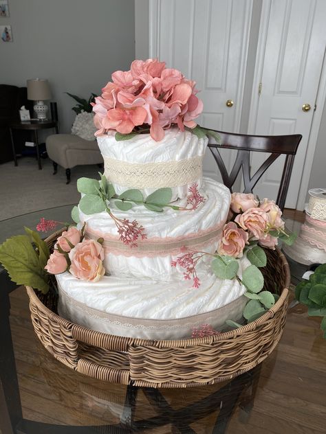 Flower Diaper Cake Ideas, Sage Green And Blush Baby Shower Ideas, Baby Shower Diaper Cake For Girl, Diaper Cake Butterfly Theme, Sage Green And Blush Pink Baby Shower Ideas, Sage Green And Pink Baby Shower, Butterfly Diaper Cake For Baby Girl, Pink And Sage Baby Shower Ideas, Floral Diaper Cake