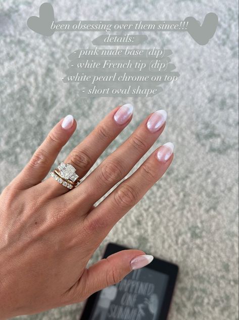 Nail Inspiration Bridesmaid, Engagement Nails Sns, Short French Tip Acrylic Nails Chrome, Short Almond Nails Chrome French Tip, Rounded Bridal Nails, Neutral Fun Nail Designs, Short Oval Bridal Nails, French Tip With Sparkle Top Coat, French Dip Wedding Nails