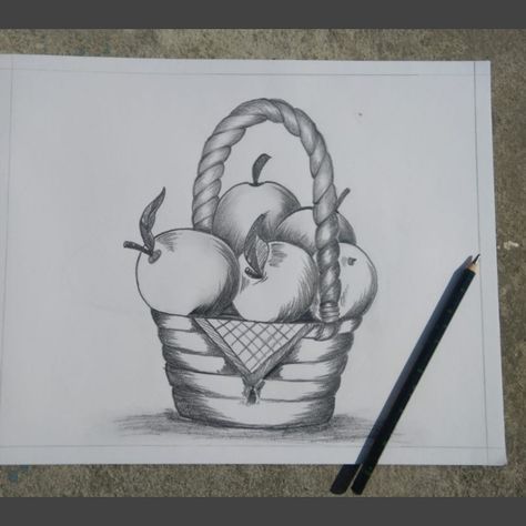 Fruit Basket Drawing Pencil, Coffee Painting Canvas, Sunflower Drawing Easy, Fruit Basket Drawing, Still Life Pencil Shading, Drawing Fruits, Drawing Easy Step By Step, Fruit Sketch, Fruit Art Drawings