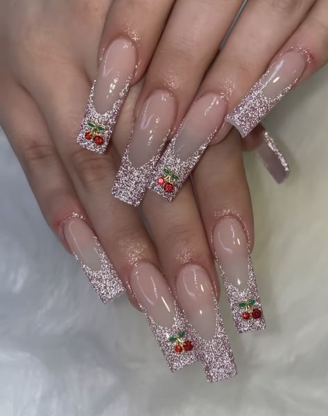 Pink Cherry Charm Nails, Cherry Nails Charm, Cardi B Nails Design, Nails With Cherry Charms, Cherry Gem Nails, Cherry Charm Nails, Cherry Nail Designs, Cherry Acrylic Nails, Cherry Nails Acrylic