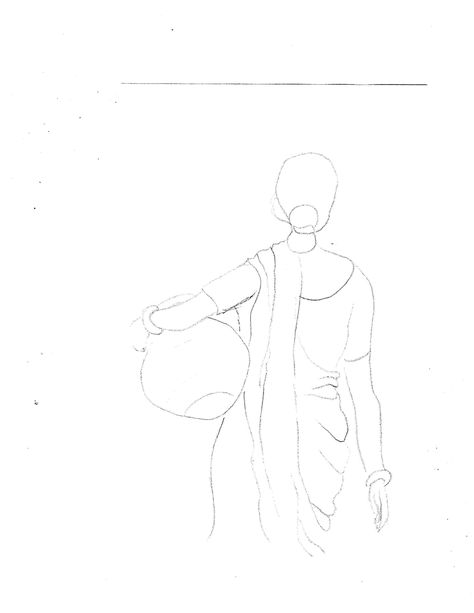 woman carrying water pot, rural Bengal, rural India, traceable Woman Draw, Pot Drawing, Watering Flowers, Easy Girl, Basket Drawing, Pen Art Work, India Painting, Pencil Sketching, Communication Techniques