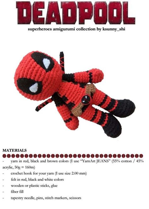 Deadpoolamigurumipatternbyksunny_shi.pdf | Crochet | Textile Arts Deadpool Crochet Pattern, Geeky Crochet Patterns, Triple Crochet Stitch, Crochet Bobble, Double Crochet Decrease, Single Crochet Decrease, Toys Crochet, Crochet Amigurumi Free, Textile Arts