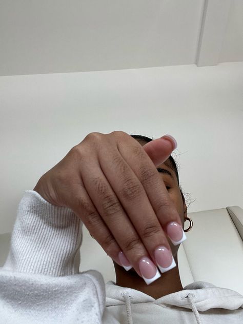 How To Show Nails In Photos, French Tip Nails Short Black Women, Small French Tip Nails Square, Birthday Nails Natural Nail, Cute Nail Ideas Black Women, Short Girly Acrylic Nails, Short White Tips, Shirt Nails Acrylic, Baddie French Tip Acrylic Nails