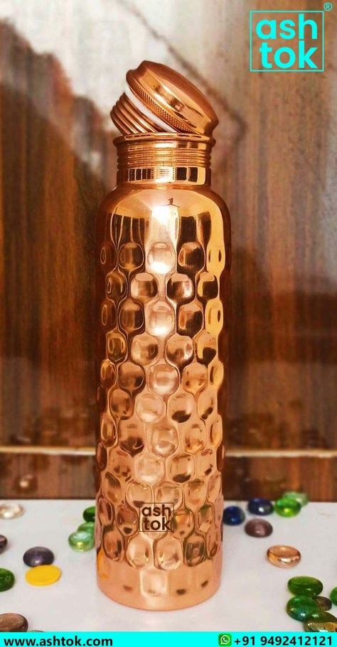 Copper Water Bottle, Mad Glossy Finishing, Hammered Design Bottles Photography, Unique Water Bottle, Copper Bottle, Copper Water Bottle, Copper Vessel, Perfume Ad, Copper Decor, Bottle Stand, Copper Rose