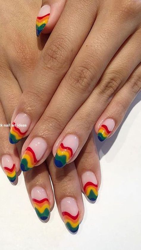 Whether male, female, cis, queer, or gender fluid, these rainbow nail designs are a chance to explore a world of color.   #PRIDE Minimal Pride Nails, Pride Nails Designs Short Nails, Lgbtq Nail Designs, Lgbtq Nails, Minimalist Pride Nail Art, Pride Nails Short, Bisexual Nails, Simple Pride Nail, Lesbian Nails