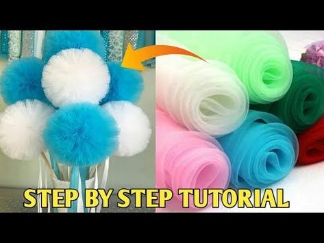 Crafts To Make With Tulle, How To Make Pom Poms With Tulle, Tule Pom Pom Diy, Tule Diy Ideas, Projects With Tule, Matte Tulle Crafts, How To Make A Tulle Pom Pom, Tulle Pom Pom Centerpiece, Tule Decorations Diy