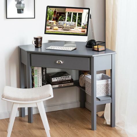 Small Corner Desk, Corner Writing Desk, Wide Shelves, Corner Desks, Homework Station, Corner Computer Desk, Desks For Small Spaces, Desk Wood, Office Nook