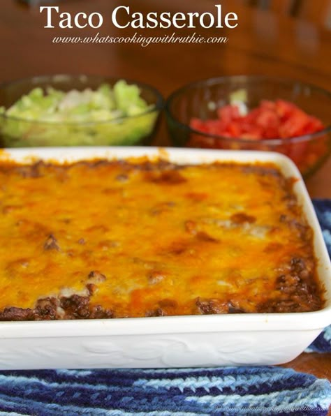 Taco Casserole by www.whatscookingwithruthie.com Casserole Bake, Taco Casserole, Quick And Easy Dinner, Taco Stuffed Shells, Mexican Dishes, Main Dish Recipes, Casserole Recipes, Casserole Dishes, Yummy Dinners