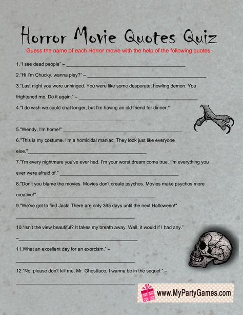 Free Horror Movie Printable, Horror Movie Party Ideas Food, Horror Birthday Party Games, Horror Movie Trivia Questions, Horror Activities, Horror Movie Facts, Horror Movie Party Ideas, Horror Movie Themed Party, Halloween Movie Quotes