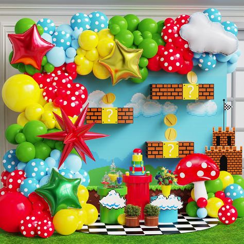 PRICES MAY VARY. 🍄【PREMIUM VALUE PACK】The super bro balloon arch kit includes 132pcs latex balloons ,3 pcs star foil balloons,1pc mushroom foil balloon ,1pc cloud foil balloon,1pc red explosive star foil balloon, one roll balloon arch and one role balloon dot glue 🍄【Wide Application】These game theme party decorations are suitable to DIY balloon garland kit, It's a good choice for you to use these balloon arch kits to decorating your super bros birthday parties, baby showers, circus themed birt Mario Bros Birthday Decoration, Super Mario Balloon Arch, Mario Balloon Garland, Super Mario Balloon Garland, Cartoon Party Theme, Mario Balloon Arch, Super Mario Birthday Party Decorations, Yellow Balloon Garland, Super Mario Bros Party Ideas