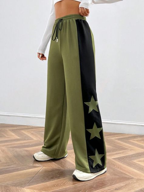 Sweatpants Cargo, Women Sweatpants, Star Print, High Waist, Sweatpants, Collar, Stars, Green, Free Shipping