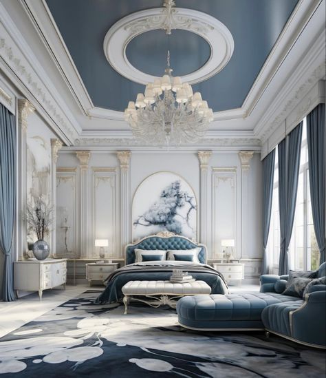 Blue Hotel Aesthetic, Blue Vintage Bedroom, Small Luxury Bedroom, Modern Luxury Bedroom Decor, Fresh Bedroom Decor, Palace Room, Rendering Interior, Royal Room, Royal Bedroom